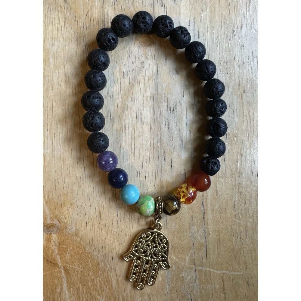 Black Lava Stone Beaded Stretch Bracelet Multicolor Beads Hamsa Dangle Charm